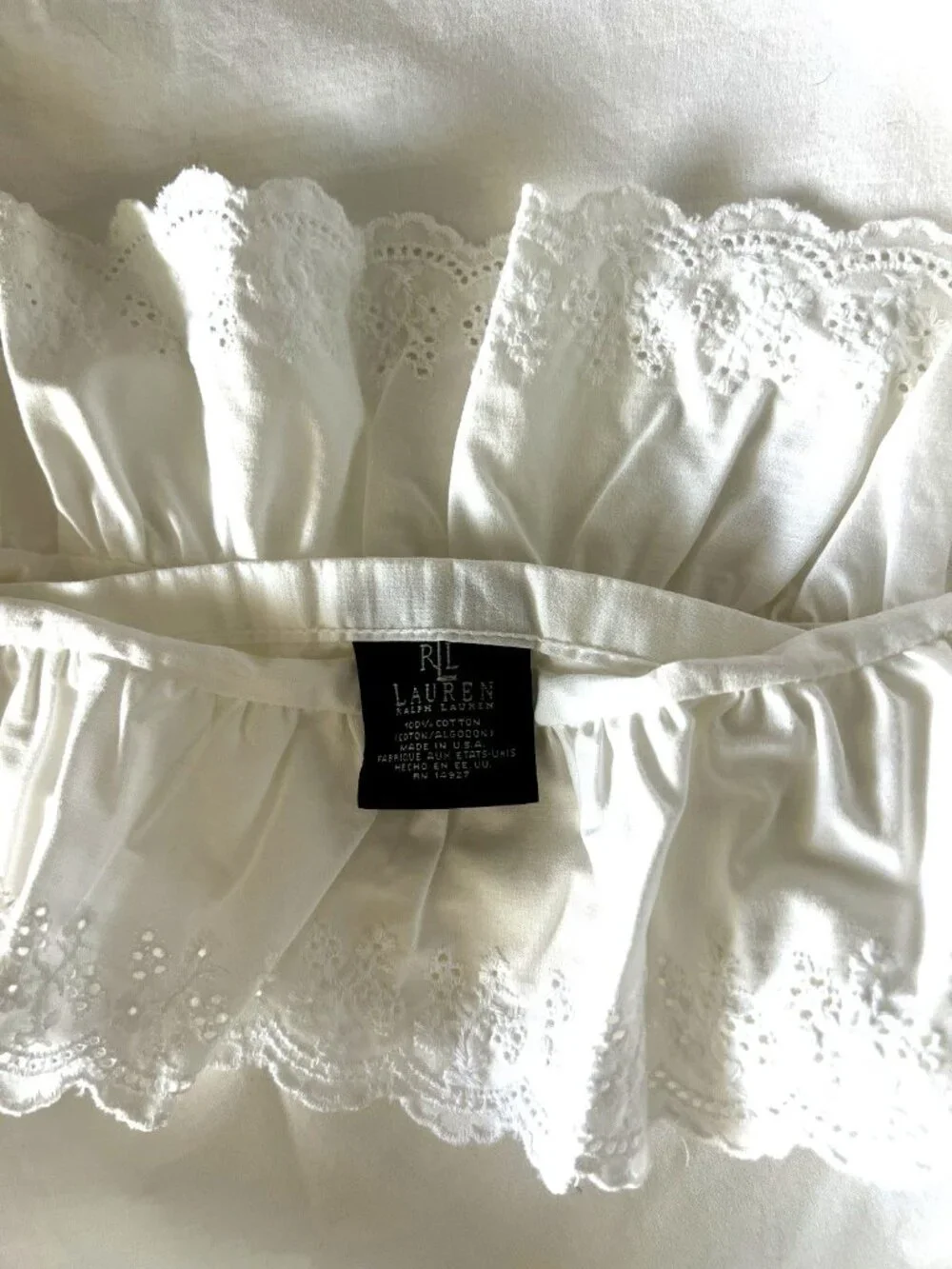LAUREN RALPH LAUREN KING Flat Sheet Bromley White Ruffled Eyelet 100% Cotton USA